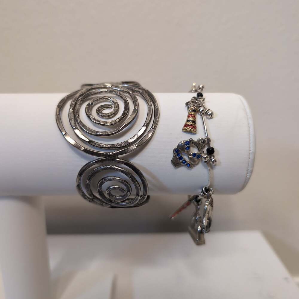 Silver-Tone Spiral Swirl Open Cuff Bracelet and charm set